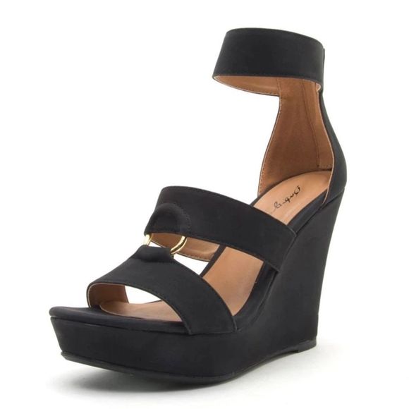 Qupid Shoes - COPY - Women's Black Nubuck Metal Ring Wedge Sand…